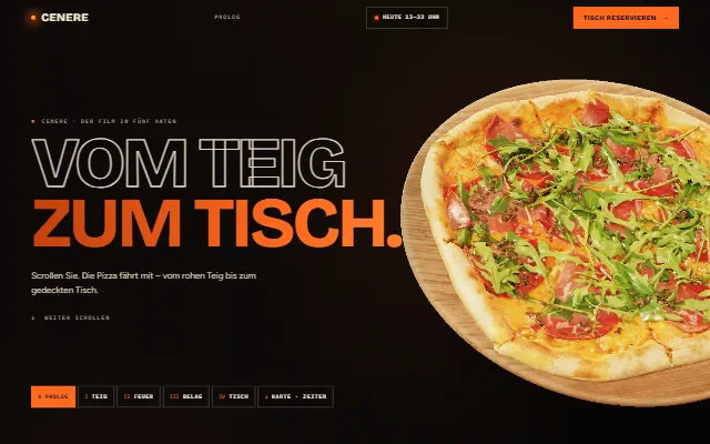 Beispielseite CENERE, eine fiktive Holzofen-Pizzeria: Titelbild „Vom Teig zum Tisch“ mit 3D-Pizza und Reservierungsknopf