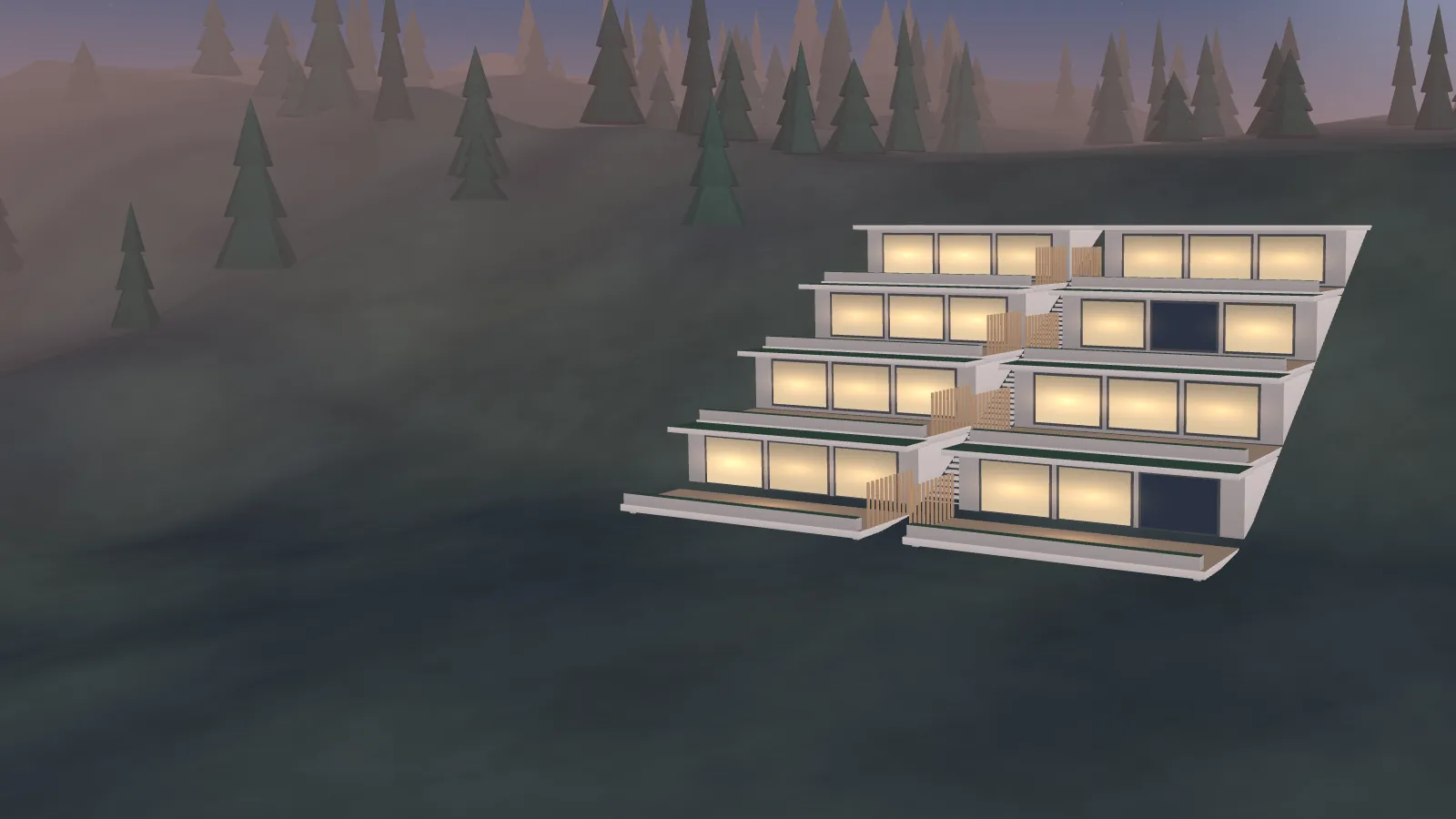 Konzeptmodell WEISSHALDE: vier versetzte Ebenen mit acht Wohnungen (3D-Standbild)