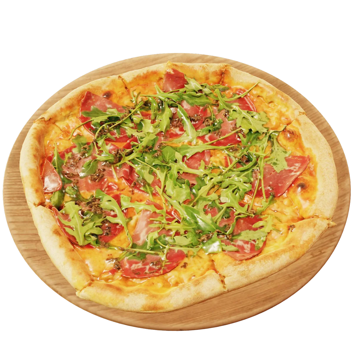 Holzofenpizza mit Rucola und Bresaola auf einem Holzbrett